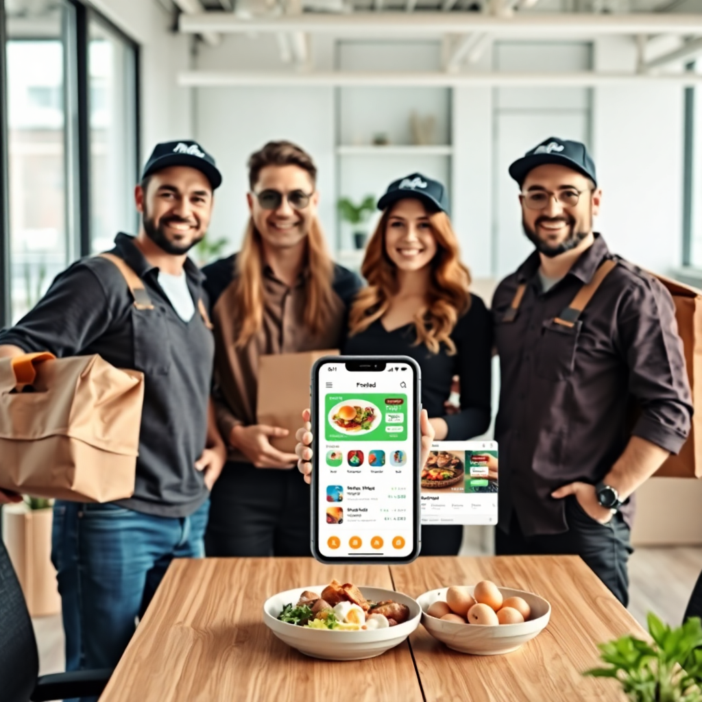 modern food delivery team in a bright office space, professional photography, diverse team members, food delivery app interface on screens